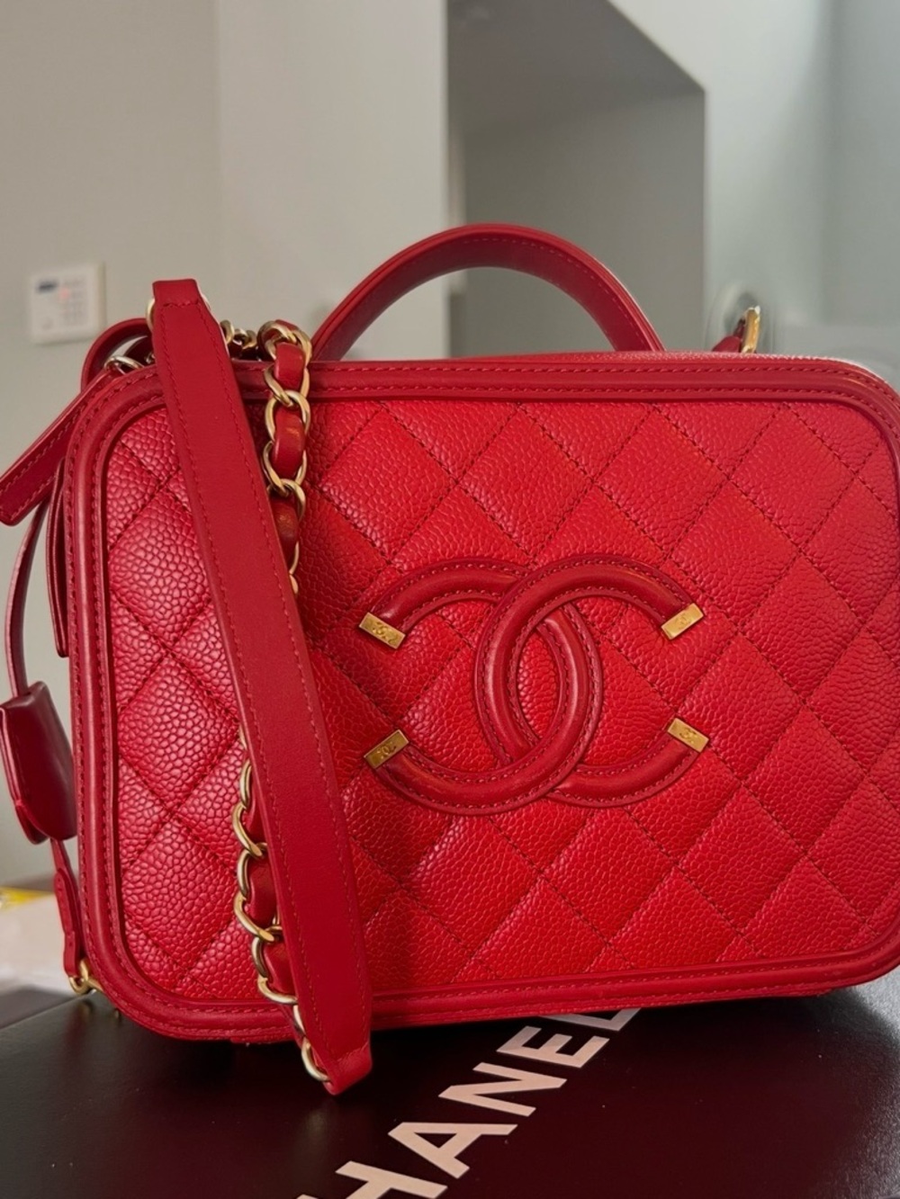 CHANEL Quilted Red Vanity  Bag with Gold Hardware